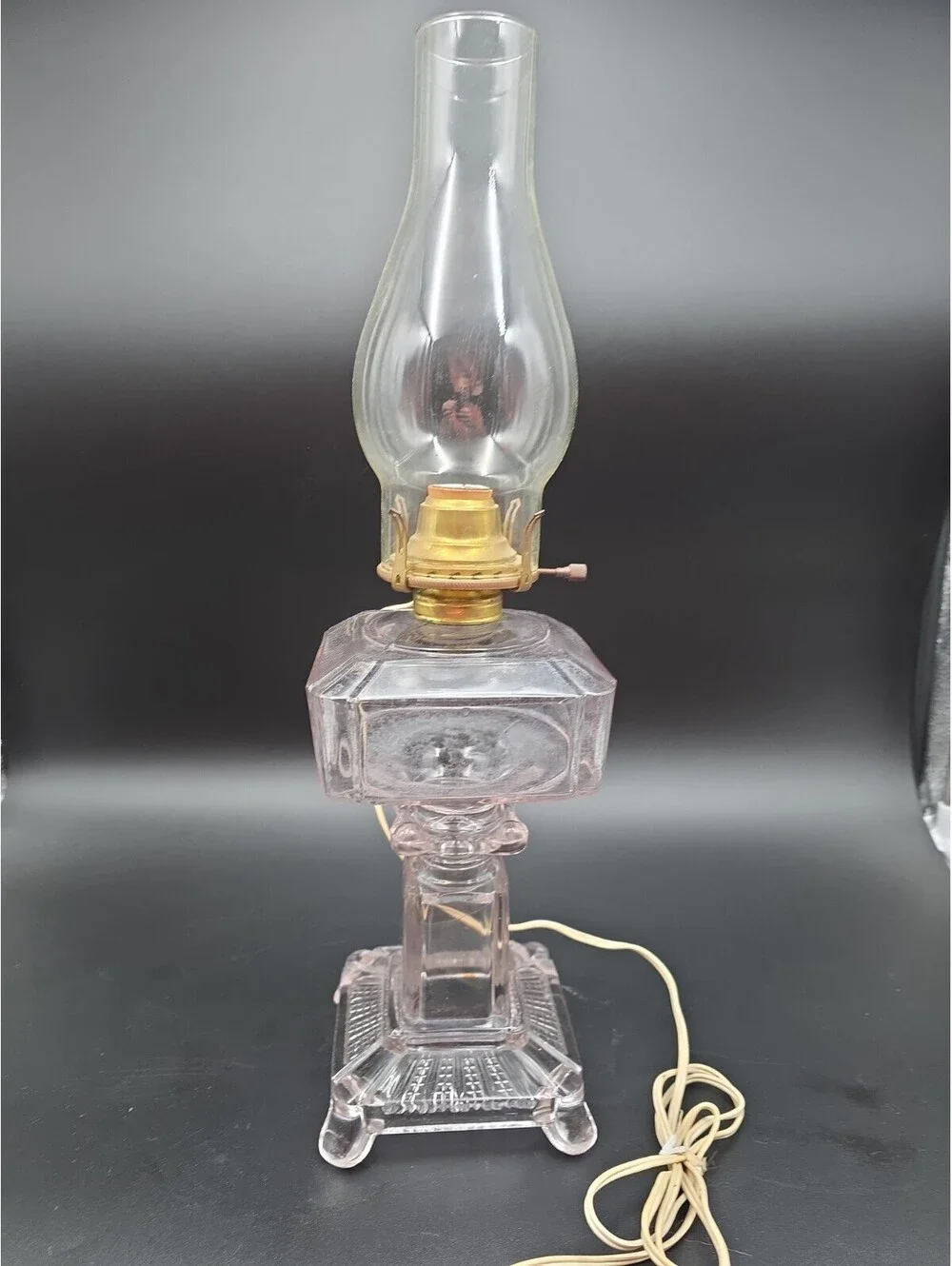 Electrified Ripley & Adams Co Kerosene or Oil Glass Square Lamp Slight Purple